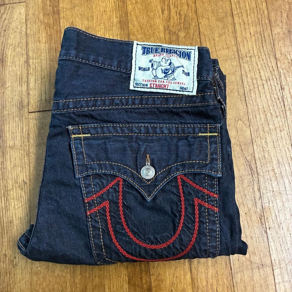 True Religion Rope Stitch Straight Leg Jeans Dark Navy Red Horseshoe 34x34 USA